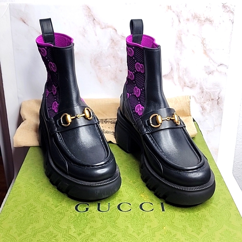 Gucci Chelsea Monogram horsebit boots black and magenta pink purple New ā¦